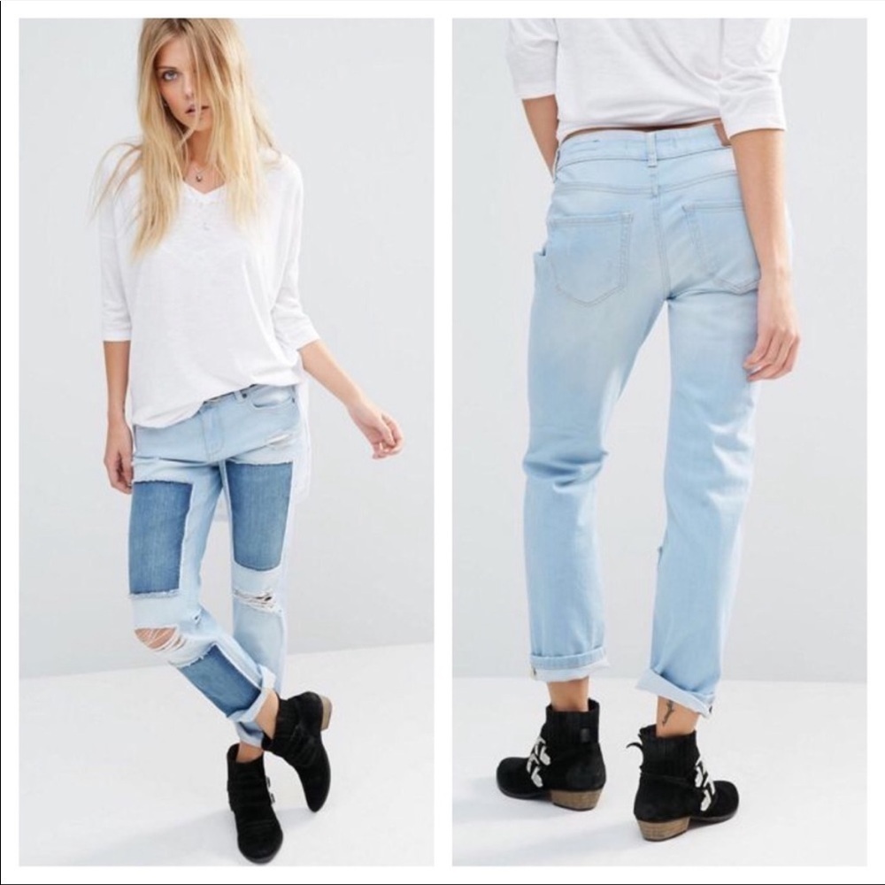 Noisy May Patchwork Distressed Cropped Capri Denim Jeans